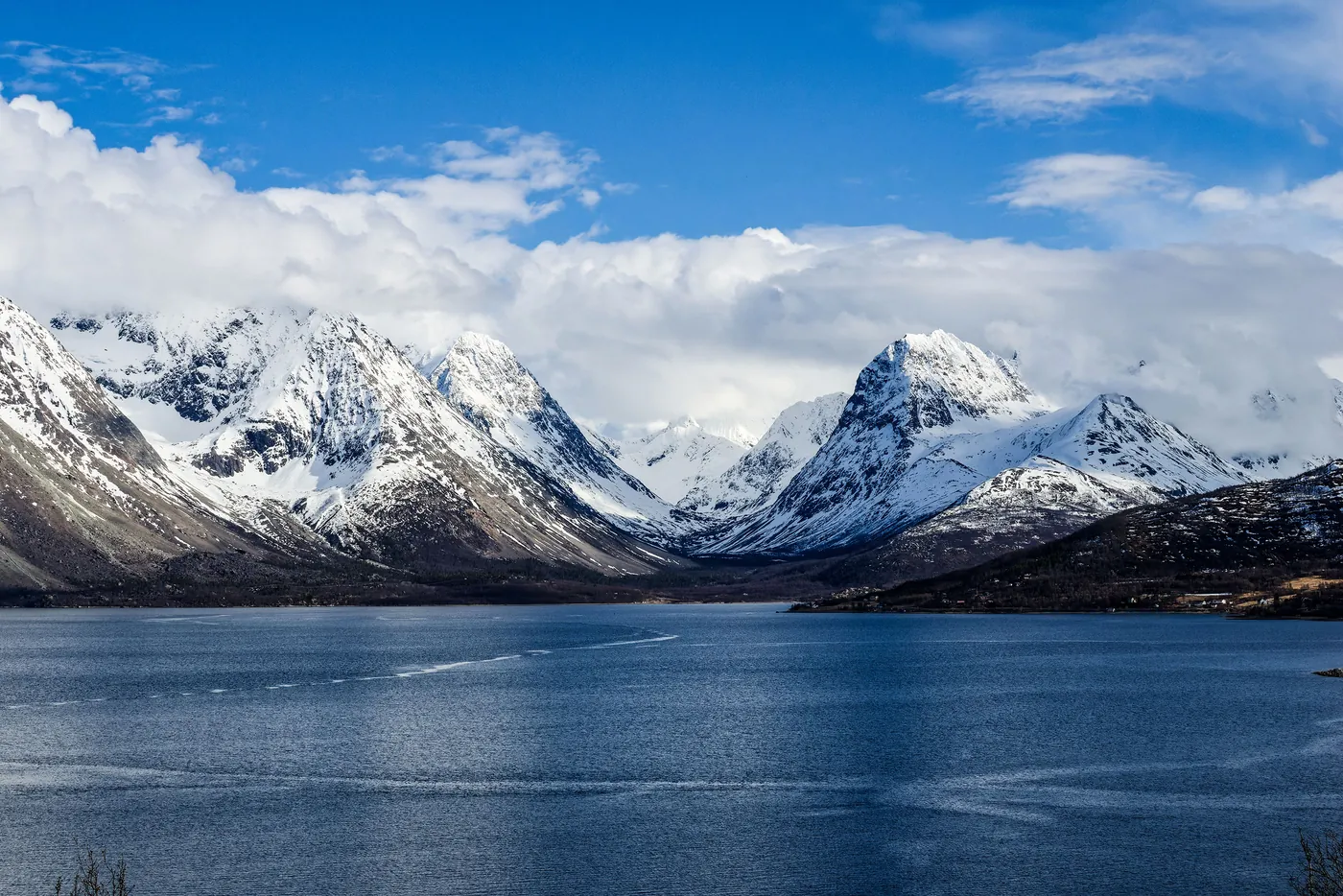Snow-covered peaks with glaciers above the blue fjord